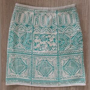 Etcetera teal white cotton mini skirt geometric embroidered pattern women 8